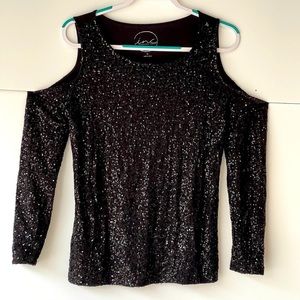 INC Women Black Sequin Top Shirt Blouse Cut Out Top Glitter Top